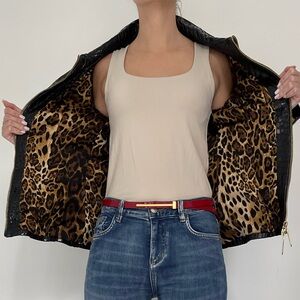 Genuine leather crocodile black patent jacket with elastic stripes